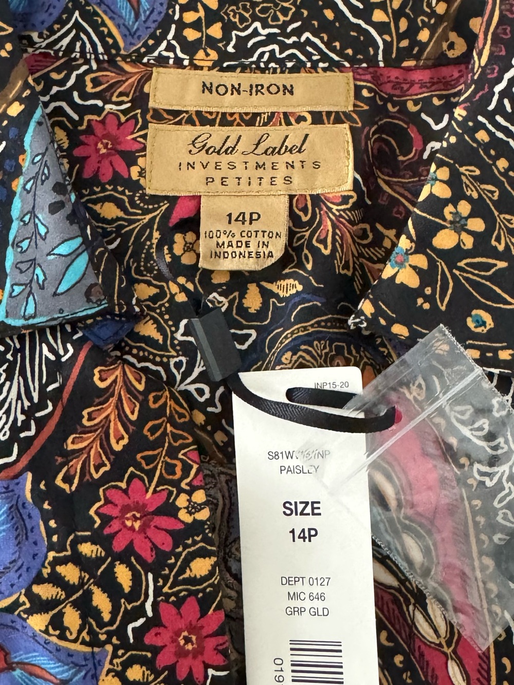 NWT Gold Label Investments Size 14P Multi-Colored Non-Iron Paisley Blouse - Picture 6 of 7